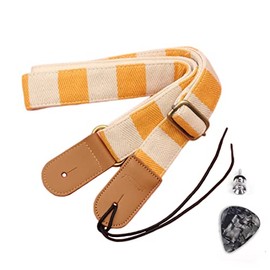 Longteam Simple Linen Leather Ukulele Strap Adjustable Length Durable Uke Straps with Nail, Rope, Picks, Yellow Stripe, 1