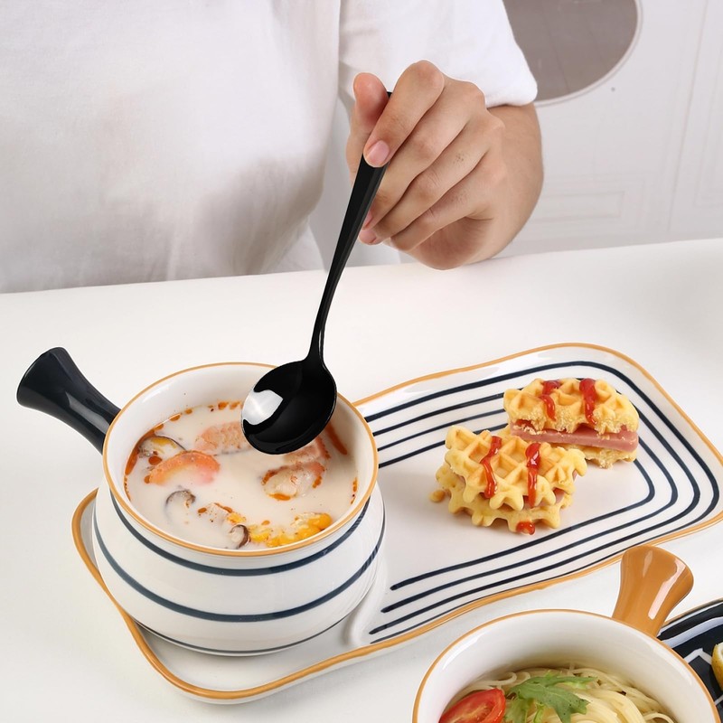 Dehouse 16-Piece Black Soup Spoons - Round Spoon, 7.3 Inch
