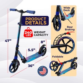 Outdoor Cruiser Kick Scooter for Ages 6+, for Kids, Teens, and Adult, Max Load 250 LBS, Foldable, 8-inch Big Wheels, Dual Suspension, 3 Adjustable Levels, Child Safety Approved, Blue, Purple, & Pink