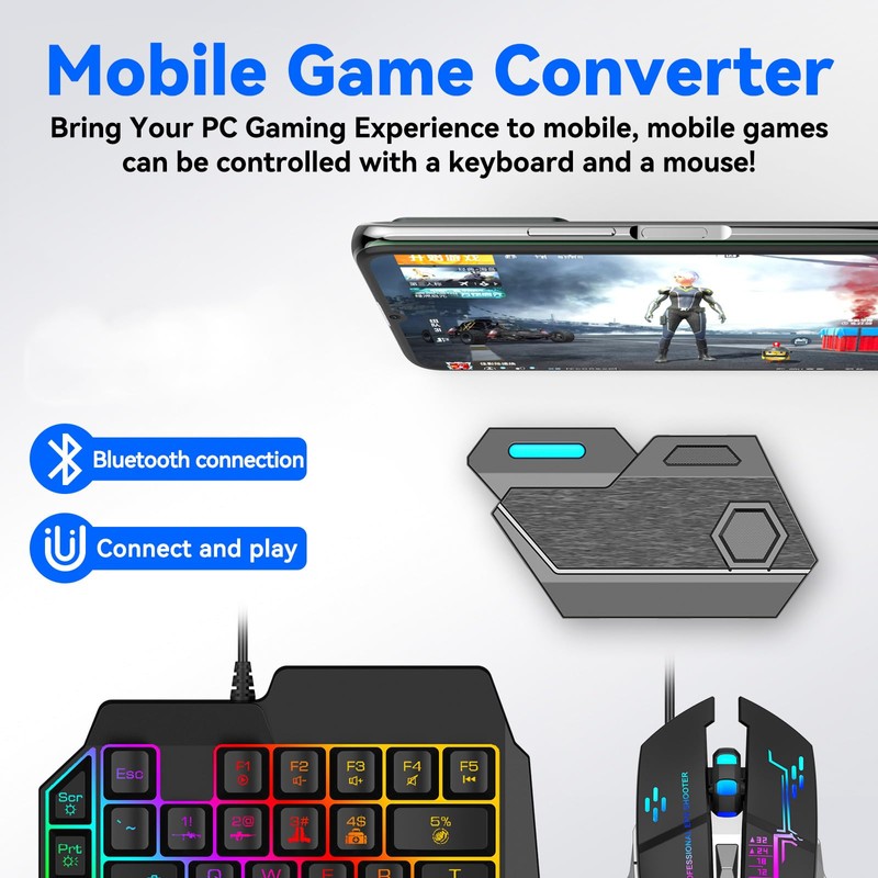 One Handed Gaming Keyboard and Mouse Combo, RGB Rainbow Backlit