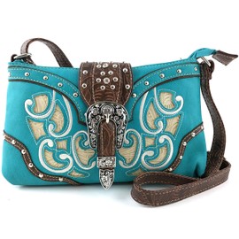 Justin West Floral Embroidery Laser Cut Leather Turquoise Stone Concho Rhinestone Studded Messenger Bag Purse with Long Crossbody Strap (Turquoise)