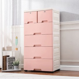 CeRaBuRET 6 Drawers Storage Plastic Dresser, Pink Dresser for Kids Bedroom, Plastic Chest of Drawers Kid Dresser Storage Organizer with Wheels, Suitable for Bedrooms, 19.7" W x 13.8" D x 40" H (Pink)