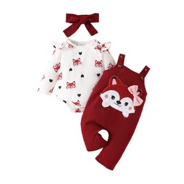 LUJENGEFA Newborn Infant Baby Girls Clothes Long Sleeve Rompers+ Suspender pants + headband 3pcs Toddler Outfits Set White Top+Burgundy Suspender Pants 0-3 months