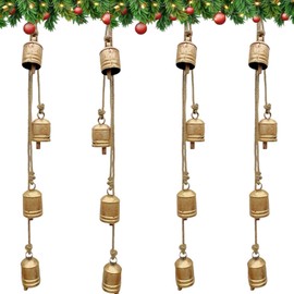 Handcrafted 4 Hanging Bell Cluster Wind Chimes for Outdoors - Shabby Chic Country Style Harmony Bell Rustic Christmas Bell Brass Finish