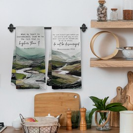 XNXLDYLH Christian Green Mountain Kitchen Towels and Dishcloths Sets of 2, Vintage Scripture Bible Verse Decor, Rustic Cabin Decor Dish Hand Tea Towels for Bathroom Kitchen Farmhouse, 16x24In