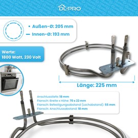 DL-pro Heating Element Hot Air Heater 1800 W 230 V for Beko Blomberg 262900063 262900074 Kaneta 3118 for Oven Cooker