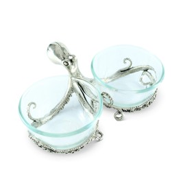 Vagabond House Pewter Octopus with Twin Glass Snack/Nut/Food Bowls 10 inch Long