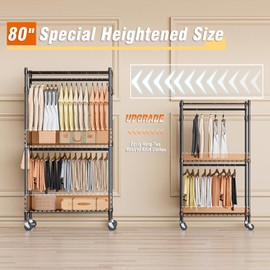 Homdox Heavy Duty Clothing Rack with 3 Tier Adjustable Wire Shelves, Garment Racks for Hanging Clothes, Double Rods Clothing Rack, Freestanding Closet Wardrobe with Side Hooks, Black