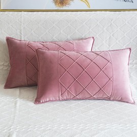 Lutanky Velvet Cushion Covers Pink Decorative Rectangle Throw Pillow Cases Patchwork Design Soft Pillow Covers for Sofa Bedroom Home Accessories 12x20 Inch 30 x 50 cm (Pack of 2)