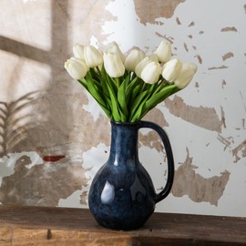 Sowlvenco Blue Modern Ceramic Vase, Farmhouse Decor Vase, Rustic Vase for Home Decor, Pottery Vase with Handle for Living Room, Bedroom, Kitchen, Centerpiece