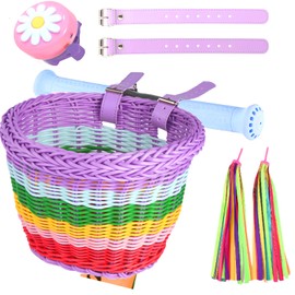 SVNR Kids Bike Basket Set, Girl Bike Basket Rainbow Color Handwoven, Bike Baskets for Kids, Children Cycling Basket with Spare Leather Straps and Bell Easy Install Detachable