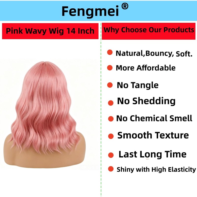 Pink Wig with Bangs 14 Inch Synthetic Wavy Bob Wig