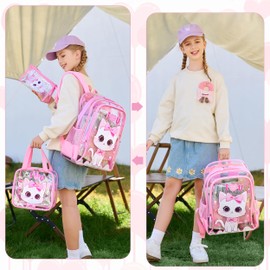AO ALI VICTORY Clear Backpack for Boys Girls,15.6 Inch Kids Clear Backpack Set with Lunch Bag Pencil Case PVC Elementary Bookbag for School Students See Through Transparent Travel Back Pack,Pink Cat