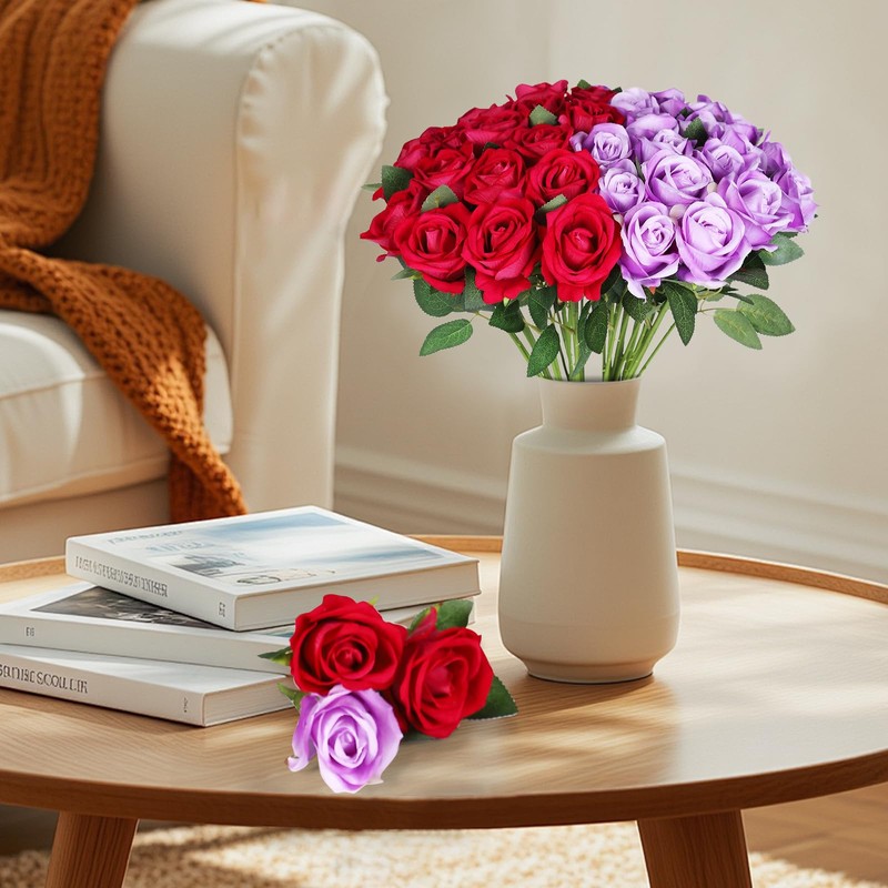 IHFAIO 40 PCS Artificial Flowers Fake Roses with Long Stem