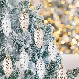 10 Pcs Christmas Pine Cone Baubles, Shiny Glitter Christmas Pine Cones Set, White Gold Hanging Ornaments for Christmas Tree, Large Baubles for Christmas Tree, Decorated Christmas Tree Pendants