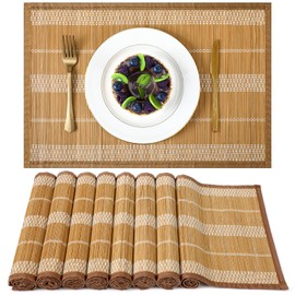 Pickmesh Bamboo Table Mats Set of 8, 18'' x 12'' Bamboo Table Mats Set, Natural Anti-Slip Placemats for Dining Table Room and Kitchen