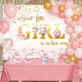 53 PCS Girl Baby Shower Decorations Kit – 7x5FT Pink Floral “A Little Girl Is On Her Way” Backdrop Banner with Tablecloth, Balloons, Ribbon, Arch Strip & Dot Tape for Baby Shower Party Decor