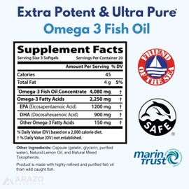 Arazo Nutrition Wild Caught Omega 3 Fish Oil – 60 Soft Gels – 4,080mg High EPA 1200mg DHA 900mg Lemon Flavor Burpless Softgels