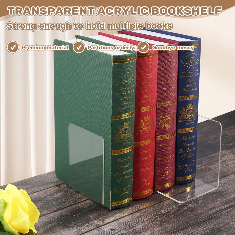 NIZEAMI 8 Pcs Clear Acrylic Bookends Non-Slip Book Ends for