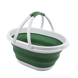 SAMMART 11L (2.9 Gallon) Collapsible Basket with Handle - Portable Outdoor Picnic Basket / Crater - Foldable Shopping Bag - Space Saving Storage Container (White/Dark Sea Green)