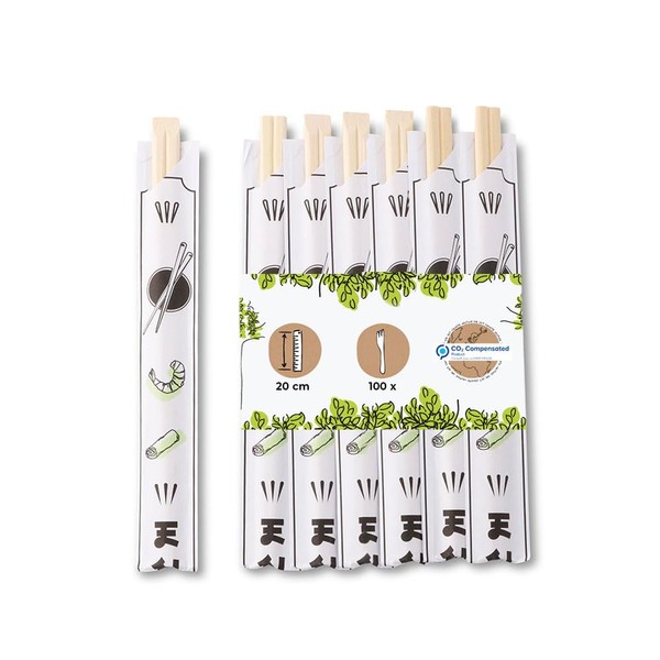 BIOZOYG Bamboo Chopsticks 20 cm Individually Packed Natural Product Biodegradable Hygienically Packed in Paper Sleeve I Wooden Sticks Asia I Sushi Sticks Set Chopsticks Wood Pack of 100