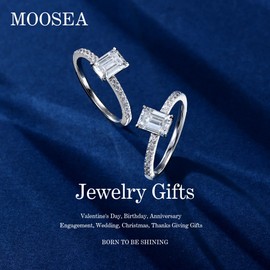 MOOSEA 1ct Moissanite Wedding Ring for Women, Emerald Cut D Color VVS1 Clarity Solitaire Diamond Engagement Ring 14K White Gold Vermeil Moissanite Promise Rings for Her Anniversary Rings for Women