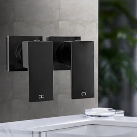 ACA International Square Bathroom 1/4 Turn Basin Shower Tap Wall Mouted Twin Hand Levers Hot Cold Taps Brass Watermark (Matt Black)