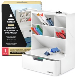 ARTEZA Desktop Pen and Marker Organizer, 6-Compartment White Pen Holder for Desk with Stationery Drawer, Makeup Organizer