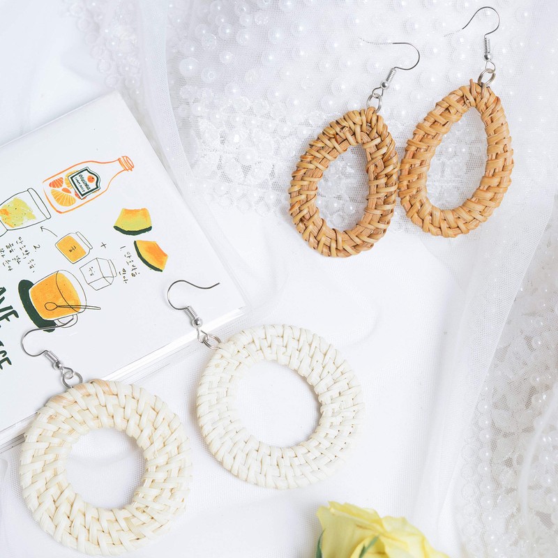 Rattan Earrings Hoops For Women Large Woven Handmade Straw DIY
