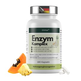 EXVital® Enzyme Complex, with 800 mg Bromelain (5000 F.I.P), 300 mg Papain, Rutin & Selenium - 180 Capsules, Pineapple & Papaya Enzyme - Gastric Juice-Resistant Capsules, Vegan & Laboratory Tested