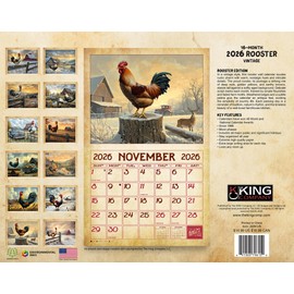 2026 Vintage Roosters Wall Calendar 16-Month X-Large Size 14x22, Retro Country Rooster Calendar by The KING Company-Monster Calendars