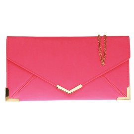 Girly Handbags Ladies Vintage Gold Tone Flat Clutch Bag Small Neon, fuchsia
