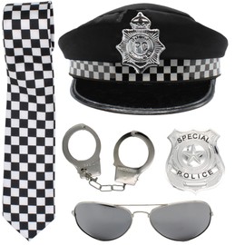 Police Fancy Dress Hat Badge Handcuffs Sunglasses and Black White Check Tie