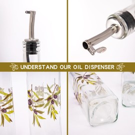 TZSSP Olive Oil and Vinegar Dispenser Glass Dispenser Bottles Set Cooking Oil Cruets Dispenser Set with Stainless Steel Leak Proof Pourer Spout for Kitchen and BBQ,Olives,2 Pack of 17 oz.