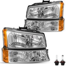 BRYGHT 4PCS Fits for 2003 2004 2005 2006 Chevy Silverado Headlight Assembly 03-07 Avalanche 1500 2500 3500 HD NON Body Cladding w/ Bumper Lights, Chrome Housing & Amber Reflector with Bulbs