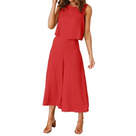 ROYLAMP Women's Summer 2 Piece Outfits Round Neck Crop Basic Top Cropped Wide Leg Pants Set Jumpsuits Red L