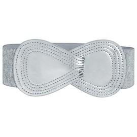 Allegra K Plus Size Interlock Buckle 8-shaped Faux Leather Elastic Belt Cinch Waistband for Lady Metallic Silver Fit Waist Girth:31"/78.5cm-43"/109cm