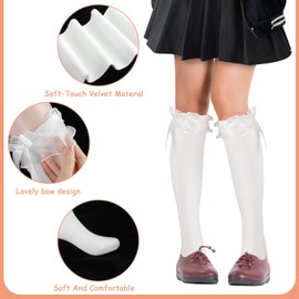White Knee High Socks with Frilly Ruffle & Bow - Lace Trim Vintage Style Long Socks for Women, Teens, Girls Fashion, Costume