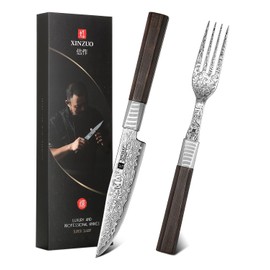 XINZUO Damascus Steel Non Serrated Steak Knife And Fork Set Of 2,67-Layer Damascus Steel Table Fork And Knife With Ebony Handle,Includes 5 Inch Steak Knife And Fork