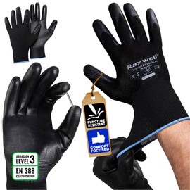 Raxwell 12-Pair PU Coated Work Gloves for Men and Women | Puncture and Abrasion Resistant, Safety Ultra-Thin with Grip | Industrial, Warehouse, Yard Work, Construction, Gardening | Black, Large