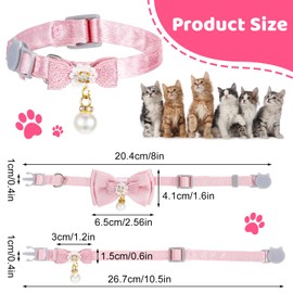 2Pcs Pink Cat Collar, Cute Cat Collar with Pearl, Adjustable Cat Collar with Bow, Cat Collar Pink, Lace Bow Beads Cat Collar, 8-10.5 inch, for Cats and Small Dogs