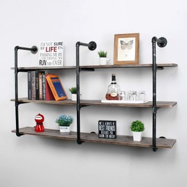 MBQQ Industrial Retro Pipe Shelf 63in 3 Tier Wall Mounted, Rustic Floating Shelves,Farmhouse Kitchen Bar Shelving,Home Decor Book Shelves,DIY Bookshelf Hanging Wall Shelves,Black Brush Silver
