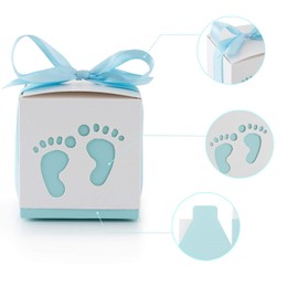 LASLU 50pcs Feet Pattern Candy Boxes Cute Baby Shower Favors Boxes Gifts Bags for First Birthday Party Decorations (Feet Blue, 50Pcs)