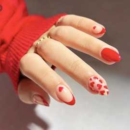 24Pcs Valentines Press on Nails Red Love Heart Acrylic Fake Nail Glossy Rose Red French Tips Short Almond False Nails Love Heart Stick on Nails Romantic Gift Gel Glue on Nails for Coquette Women Girls