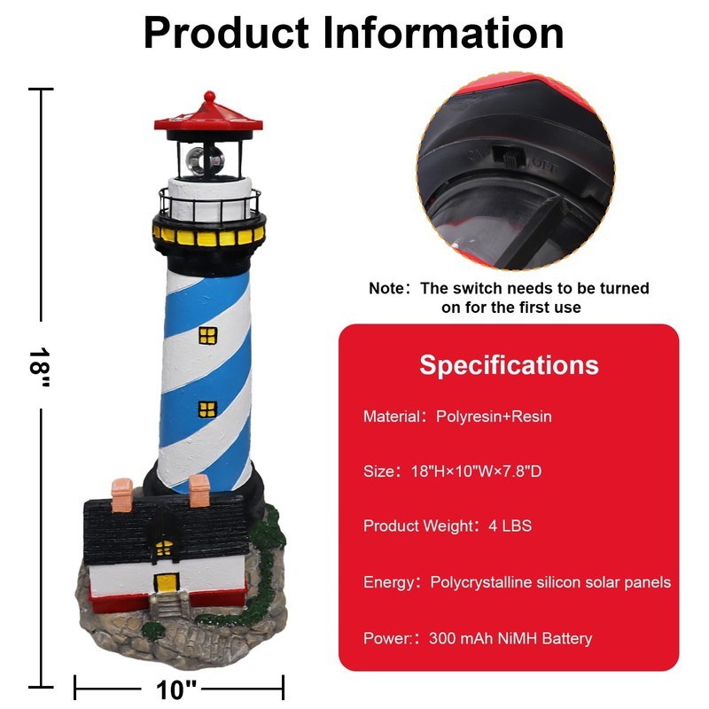 18" Solar Lighthouse with Rotating Beacon,Big Solar Powered Lighthouse,Outdoor Lighthouse