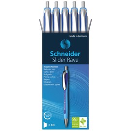 Schneider 132503 Slider Rave XB Ballpoint Pen (Stroke width: XB = extra wide, indelible refill, made in Germany), pack of 5, ink colour: blue
