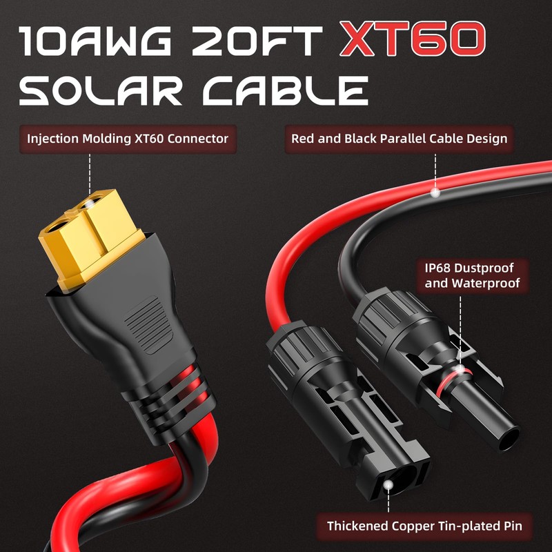 10AWG 20FT XT60 Solar Charging Cable, GIBBAB Solar Panel Connector