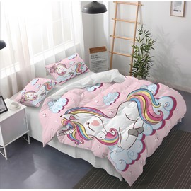 Leleyouzer Children's Unicorn Bed Linen Set, Pink Unicorn Bed Linen for Girls, Soft and Cuddly Microfibre Duvet Cover for Girls with 2 Pillowcases 50 x 75 cm (Unicorn 2, 135 x 200 cm)