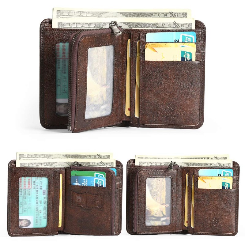 MANBANG Mens Wallet Zipper Genuine Leather RFID Card Holders Cowhide