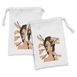Lunarable Makeup Fabric Pouch Set of 2, Many Hands Doing Makeup to a Woman Appearance Beauty Themed Illustration, Small Drawstring Bag for Toiletries Masks and Favors, 9" x 6", Beige Brown and Black
